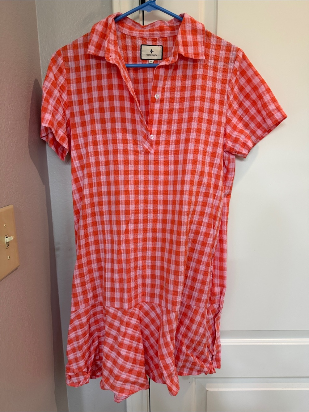 Tuckernuck Coral and White Gingham Polo Mini Dress with Flounced Hem
